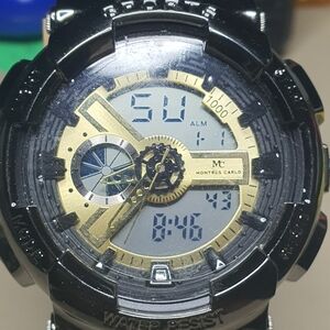 Montres Carlo Black/Goldtone Analog/Digital Alarm Chrono Men's Watch